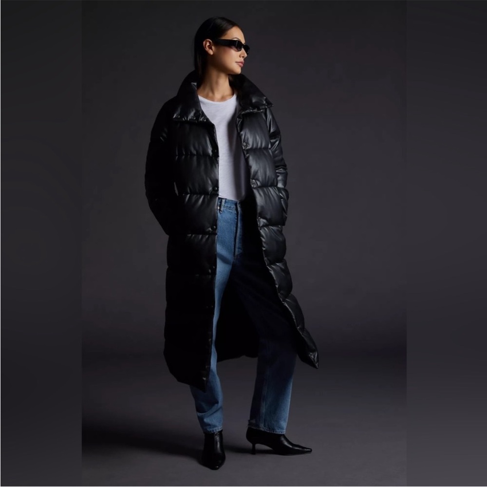 Anthropologie Avec Les Filles Long Faux Leather Maxi Puffer Jacket in Black